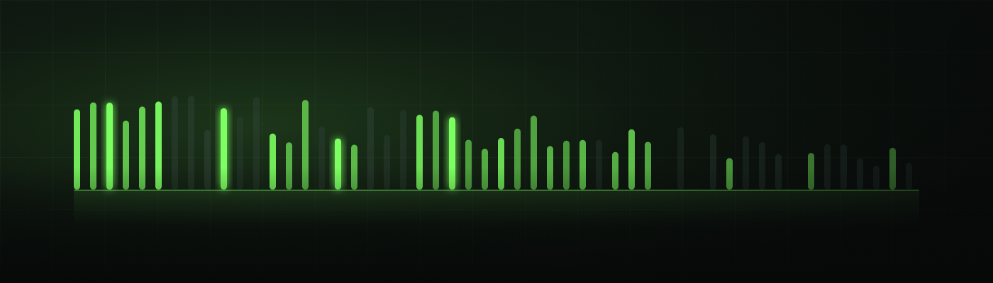 Abstract green token-stream graphic: a field of bars that thins and shortens from left to right